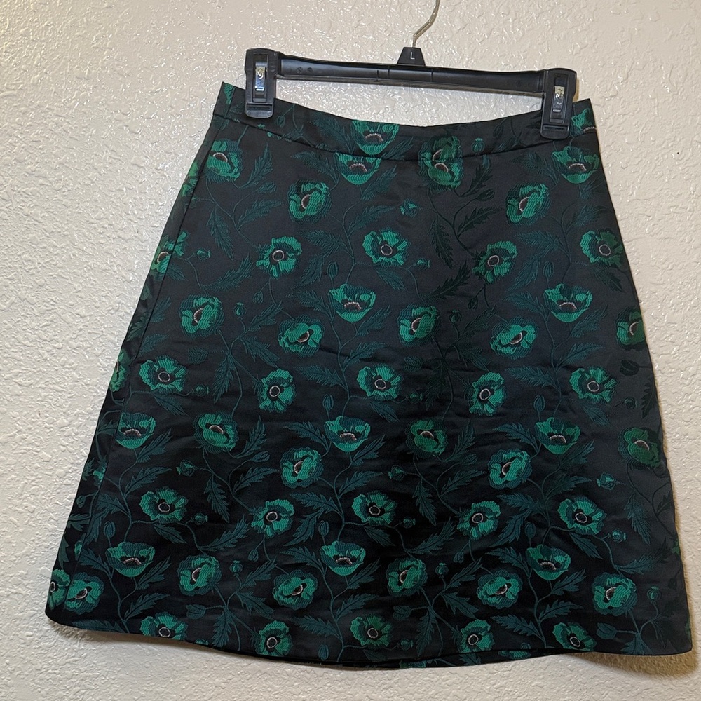 J. Crew Black A-Line Skirt with Green Floral Jacquard